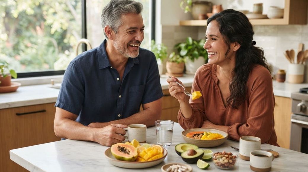 Pareja mexicana desayunando fruta fresca y alimentos saludables en casa