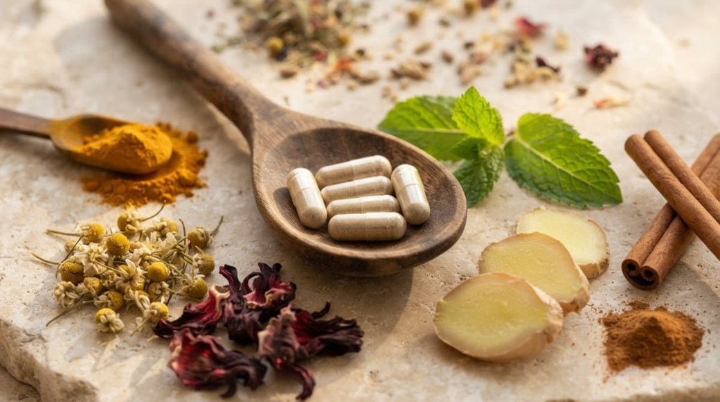Mesa con cápsulas y plantas medicinales mexicanas para comparar suplementos
